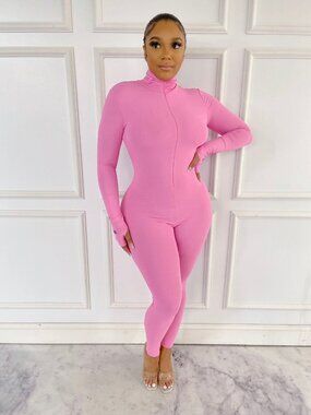 Women's Pink Black Lucky Label Knit Front Thumbhole Mock Neck Catsuit Jumpsuit